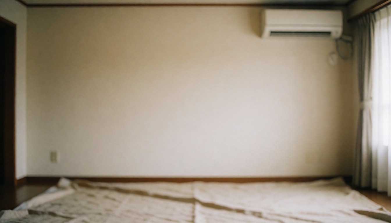 A soft focus interior shot of a living room featuring a white wall, an air conditioning unit, a blanket, and a clean floor, suitable for text overlays.
