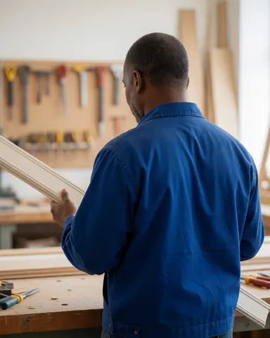 Carpenter viewed from behind inspecting a wooden molding in a tidy workshop with tools hanging on the wall and natural light.