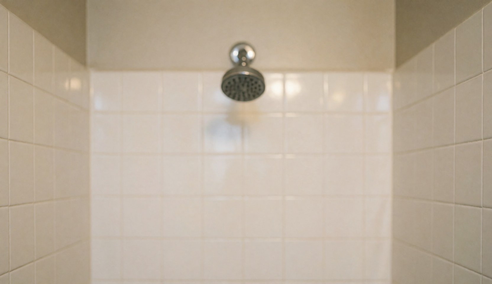 Close-up of white ceramic tiles and a chrome showerhead, ideal for bathroom remodeling and maintenance service backgrounds.