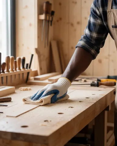 Close-up of hands wearing protective gloves performing professional cleaning tasks on a wooden surface with various tools and supplies visible