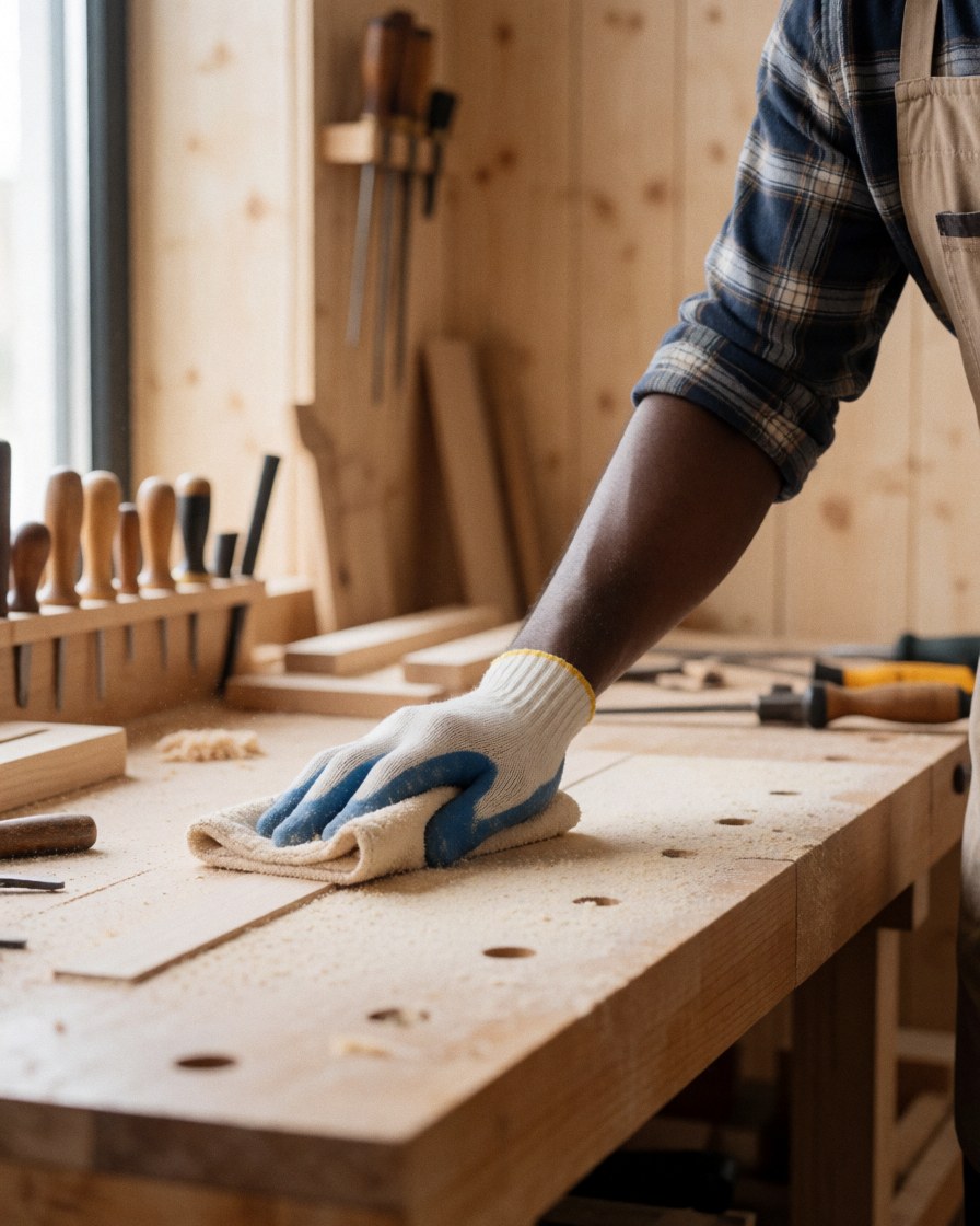Close-up of hands wearing protective gloves performing professional cleaning tasks on a wooden surface with various tools and supplies visible