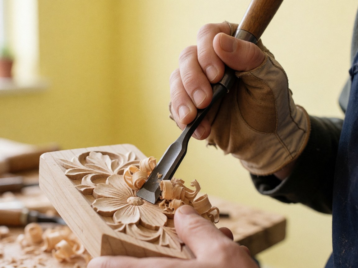 Close-up of a gloved hand using a chisel to carve a floral pattern into wood, with wood shavings falling against a yellow workshop wall