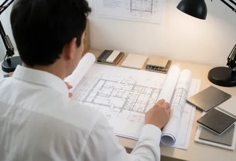 Designer reviewing professional kitchen blueprints with material samples like steel and ceramic in an office setting