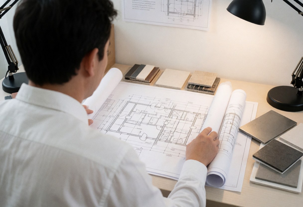 Designer reviewing professional kitchen blueprints with material samples like steel and ceramic in an office setting