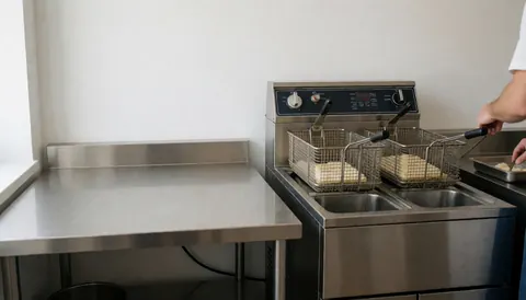 A clean and organized commercial kitchen featuring stainless steel equipment, pots, and a deep fryer, ready for food preparation and service.