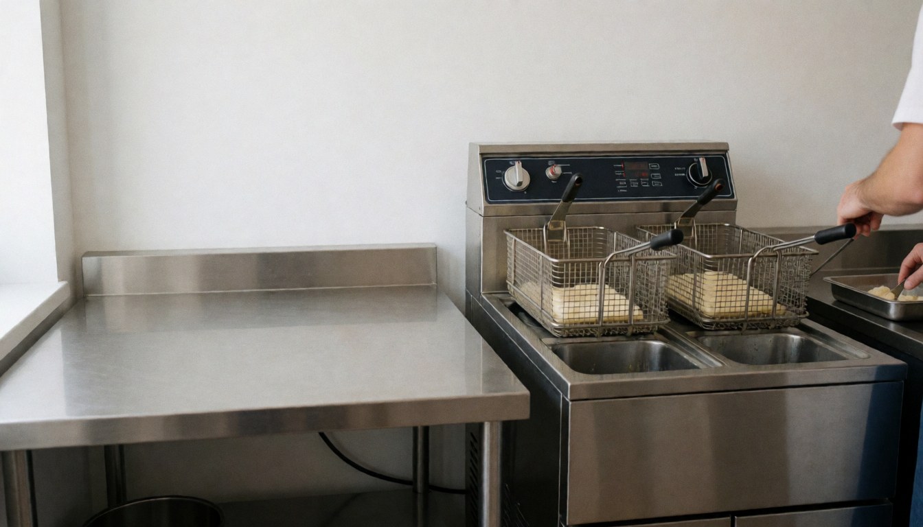 A clean and organized commercial kitchen featuring stainless steel equipment, pots, and a deep fryer, ready for food preparation and service.