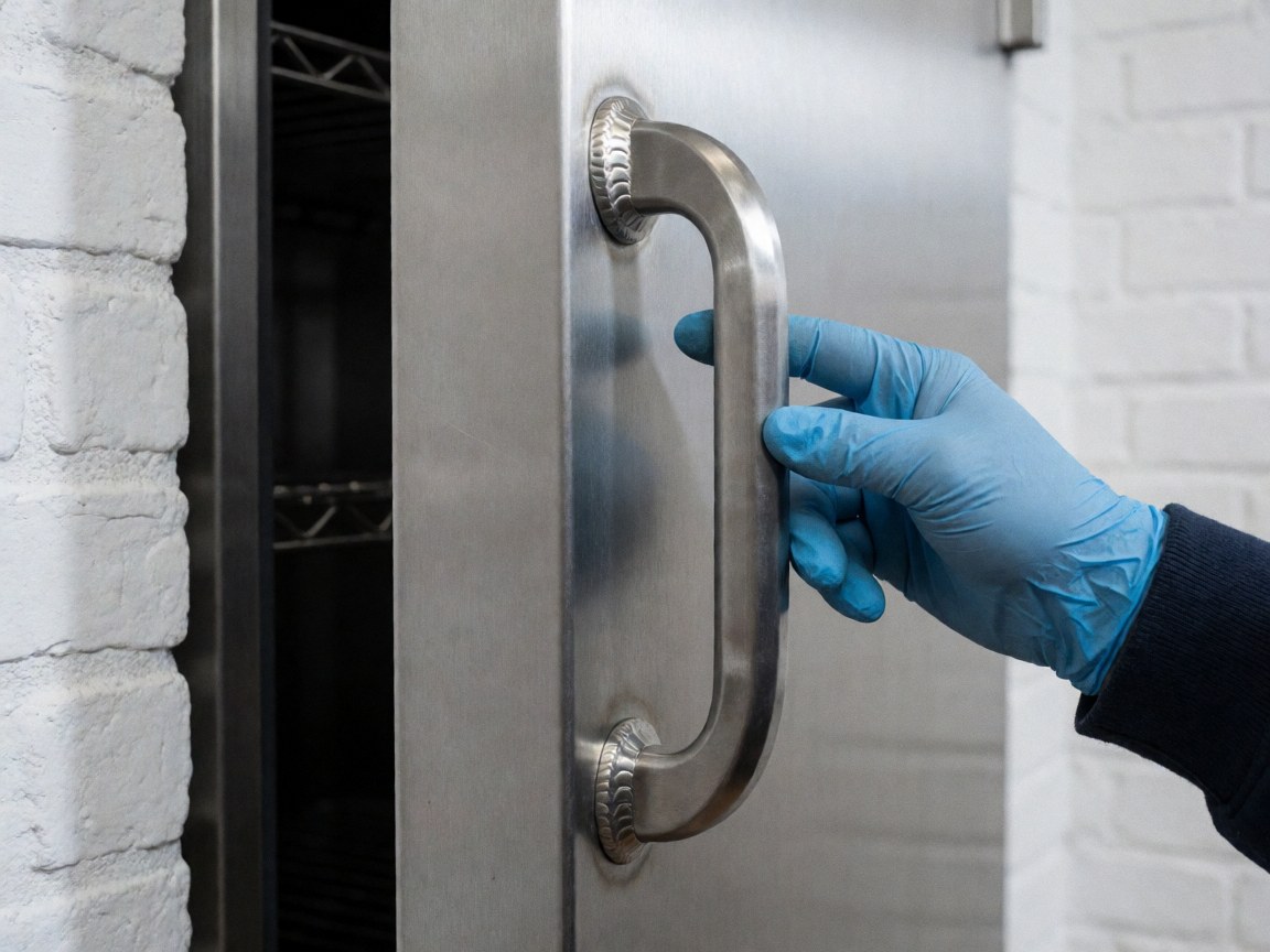 Close-up of a hand wearing a blue protective glove closing the door of a stainless steel industrial refrigerator in a commercial kitchen setting.