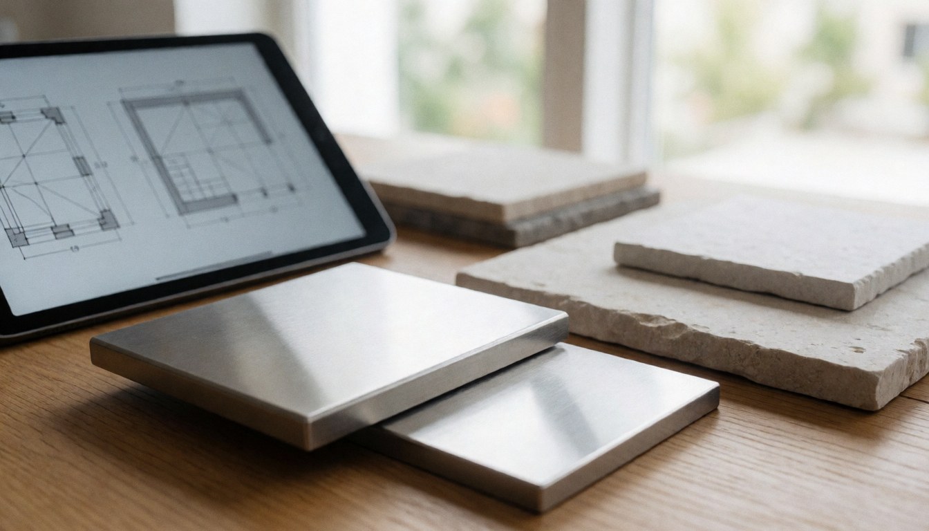 Flat lay of material samples including steel, stone, wood, and tablet on a clean white background for text overlay