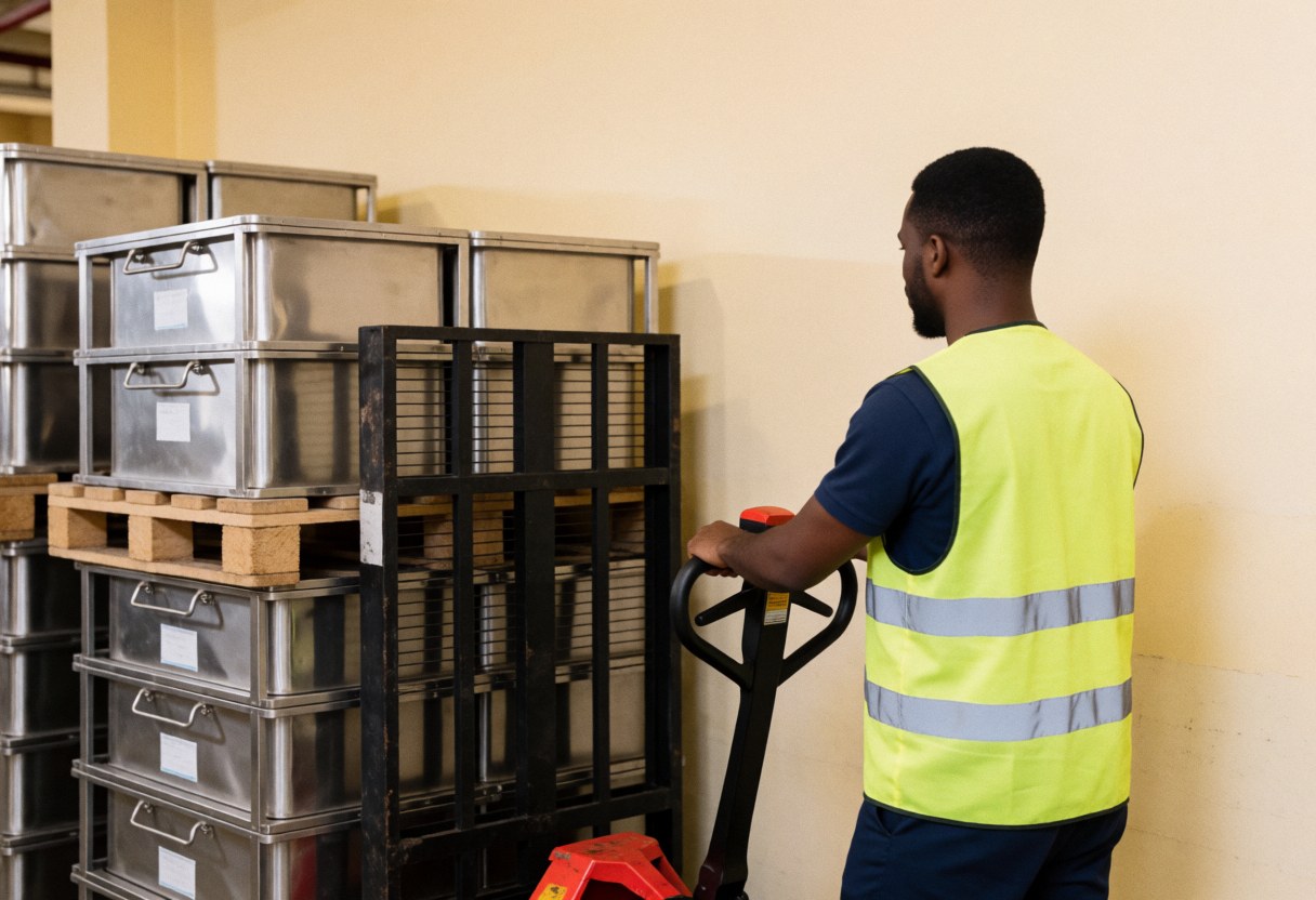 Worker in safety vest pushing pallet jack with metal boxes near beige walls in industrial storage area