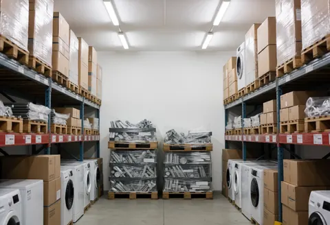 Industrial warehouse with tall shelves, pallets of new appliances like washers and dryers, organized and ready for sale.