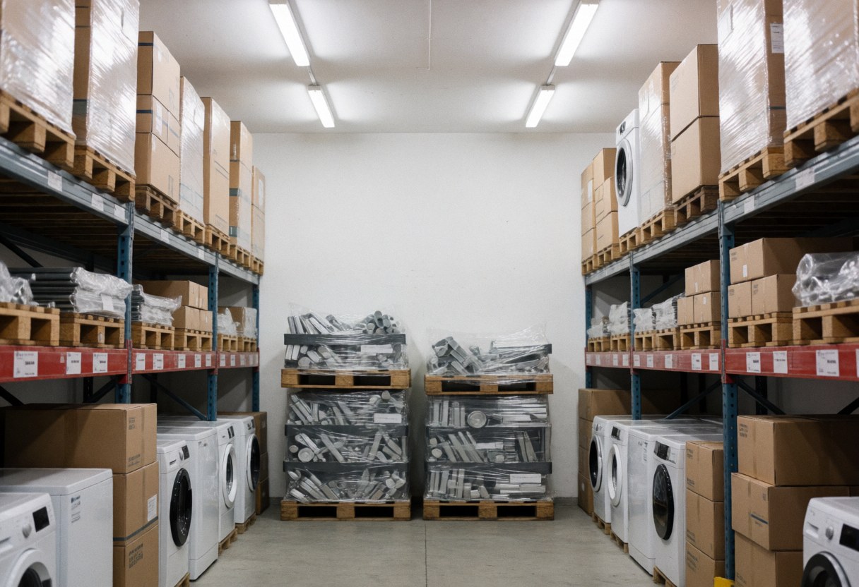 Industrial warehouse with tall shelves, pallets of new appliances like washers and dryers, organized and ready for sale.