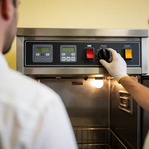 Worker wearing glove adjusts control dial on stainless steel commercial dishwasher with digital panel and lights in industrial kitchen with yellow walls.