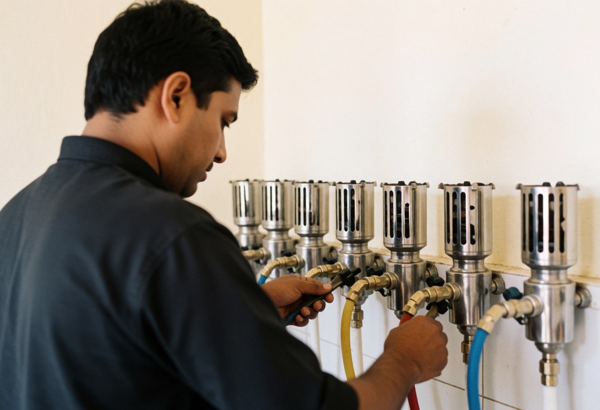 Professional technician connecting gas lines to commercial kitchen burners using tools and metal equipment under natural light