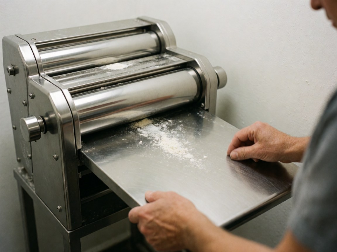 Hands working with flour in a clean, well-lit commercial kitchen using a stainless steel industrial mixer against a white background