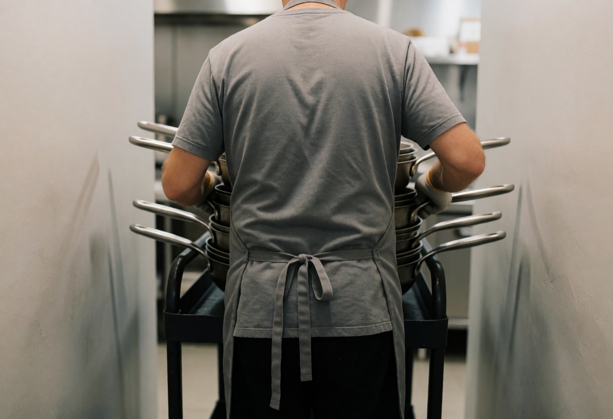 A professional chef loads heavy pots onto a cart in an industrial kitchen with gray walls and blurred background, demonstrating efficient service in action.