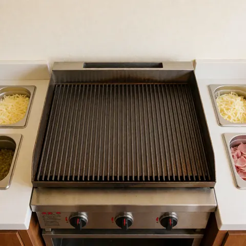 Stainless steel commercial flat top grill used for preparing arepas with ingredients like cheese and ham ready for cooking in a professional kitchen setting