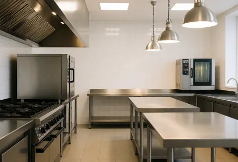 Bright and empty commercial kitchen featuring stainless steel countertops, prep tables, and industrial ovens against white tiled walls