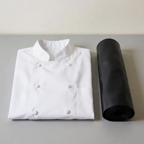 Folded white chef shirt next to a rolled black apron on a gray surface, ideal for professional kitchen apparel catalogs.