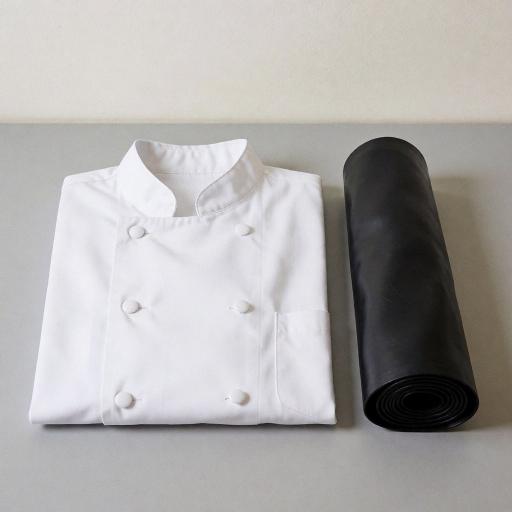 Folded white chef shirt next to a rolled black apron on a gray surface, ideal for professional kitchen apparel catalogs.