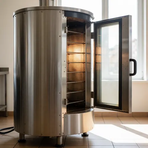Open professional stainless steel rotisserie oven showing empty rotating bars in a tiled commercial kitchen with natural light