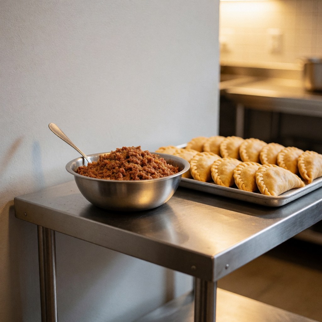 A stainless steel kitchen counter with a bowl of filling and a spoon, ready for preparing traditional empanadas in a commercial food service environment