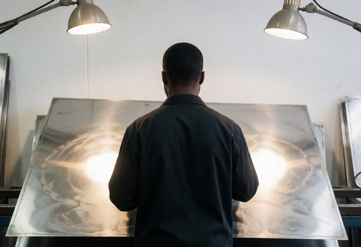Back view of a worker inspecting a large stainless steel sheet in an industrial workshop with work lights and white walls