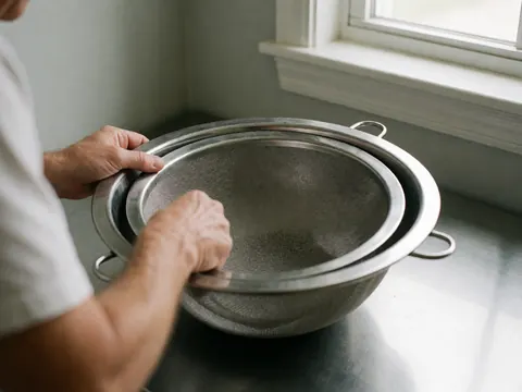 Close-up view of stainless steel colanders resting on a kitchen counter near a window with natural light reflecting off the metal surfaces