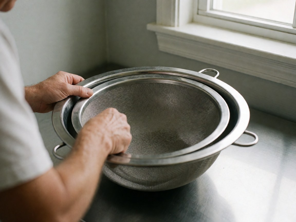 Close-up view of stainless steel colanders resting on a kitchen counter near a window with natural light reflecting off the metal surfaces
