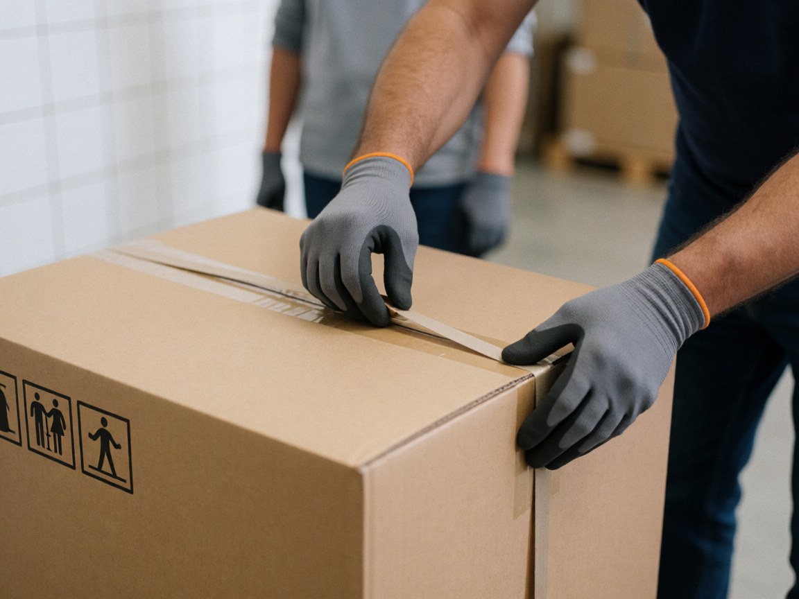 Close-up of gloved hands securing a large cardboard box with tape in a tiled warehouse, emphasizing safe packaging and handling symbols.