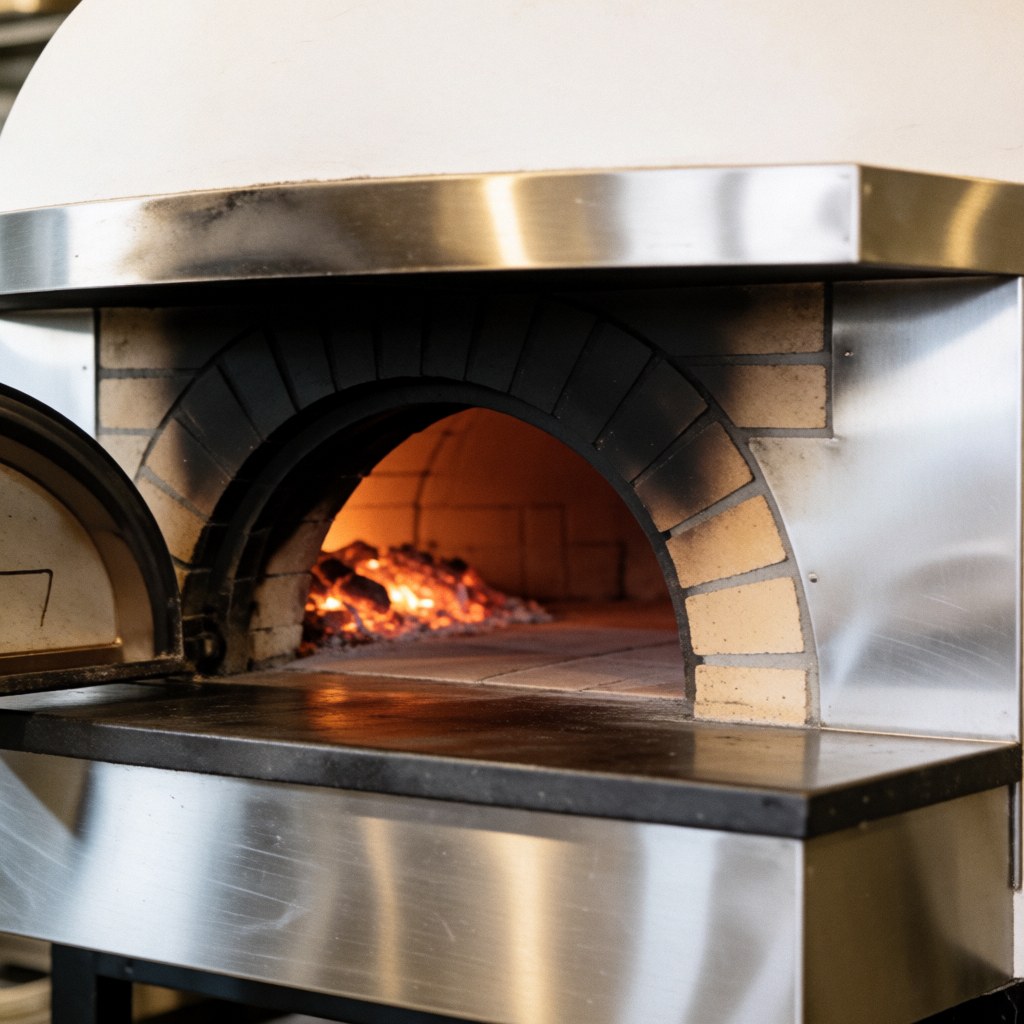 Close-up view of a traditional brick pizza oven with visible flames inside, used for professional commercial kitchen cooking.