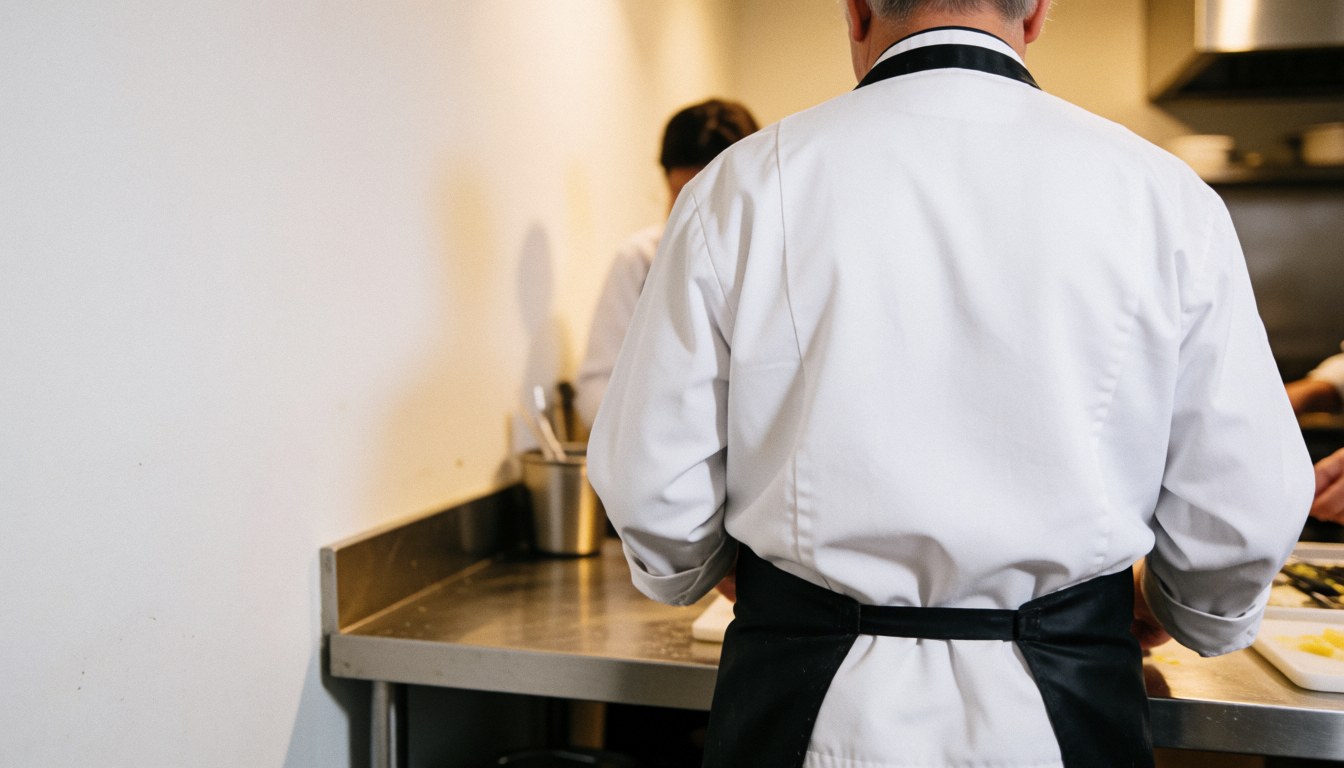Back view of a professional chef working in a clean industrial kitchen with copy space on the left