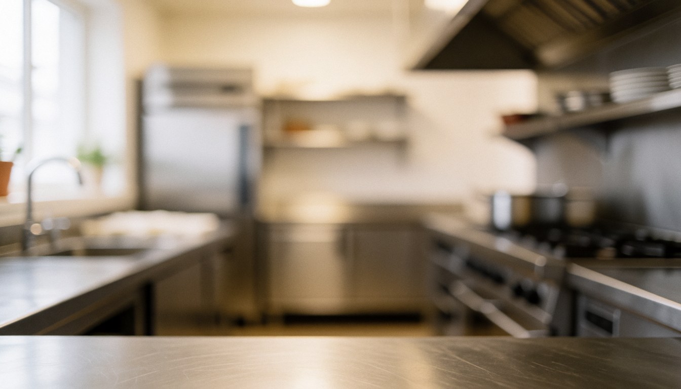 Clean stainless steel commercial kitchen surface with warm lighting, ideal for text overlay in business presentations and advertising banners.