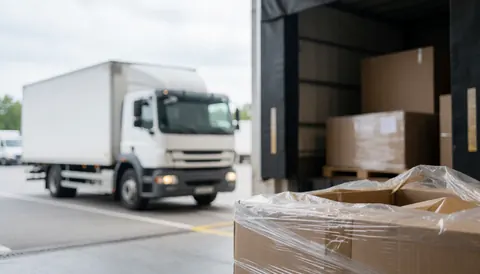 Blurred background of professional warehouse loading with trucks and packages, ideal for logistics service text overlays