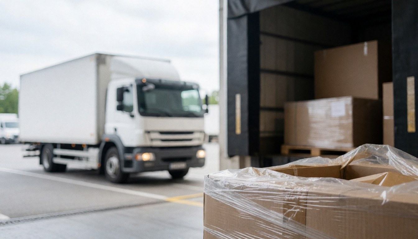 Blurred background of professional warehouse loading with trucks and packages, ideal for logistics service text overlays