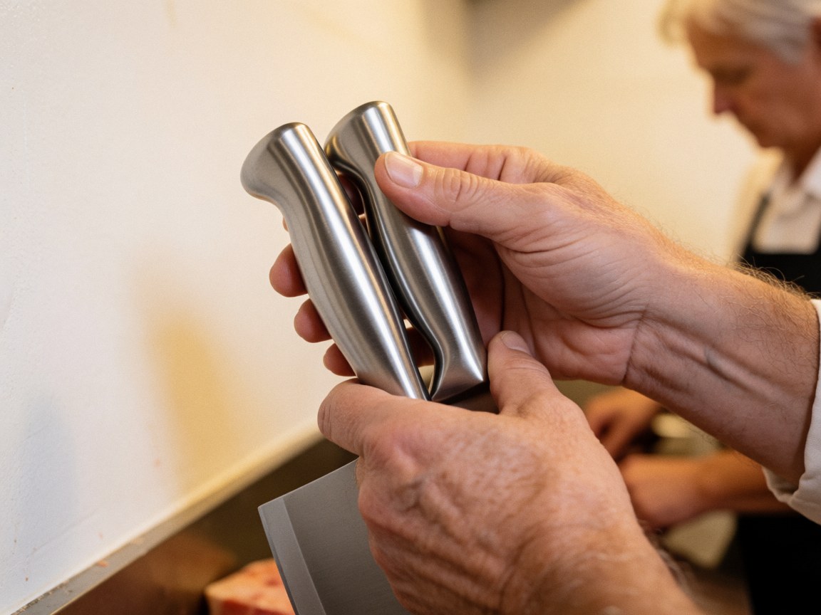 Detailed view of a polished stainless steel knife handle held by a hand, highlighting the professional quality and reflective surface of the metal tool in a commercial kitchen setting.