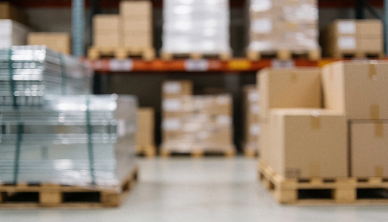 A neutral industrial warehouse background featuring stacked pallets and cardboard boxes, suitable for text overlays and business presentations
