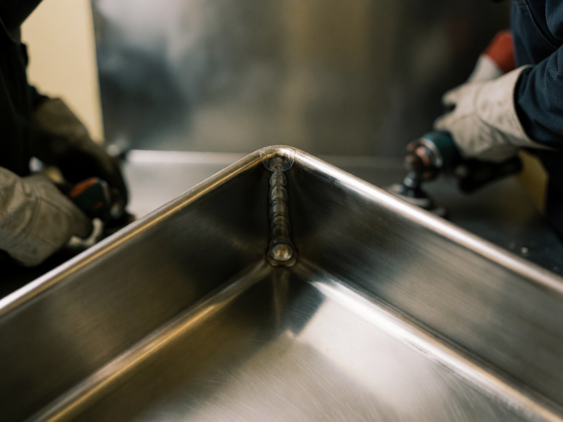 Close-up of welding on the edge of a stainless steel pot in a professional kitchen, with hands working and blurred background highlighting the metal shine.