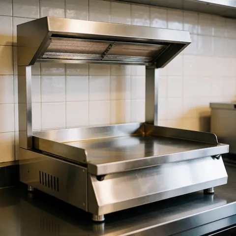 Stainless steel salamander broiler with flat surface and radiant heating system installed in a professional kitchen for cooking tapas and quick dishes