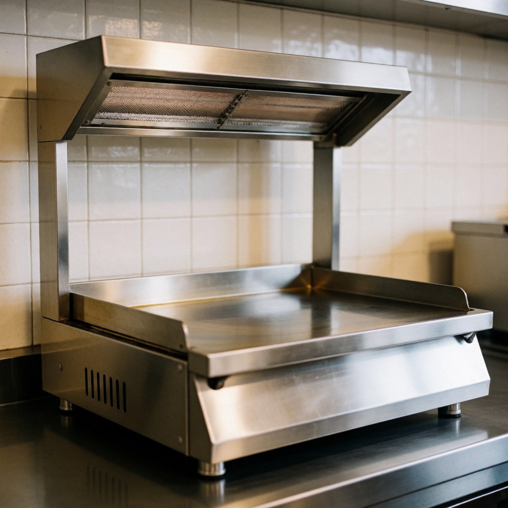 Stainless steel salamander broiler with flat surface and radiant heating system installed in a professional kitchen for cooking tapas and quick dishes