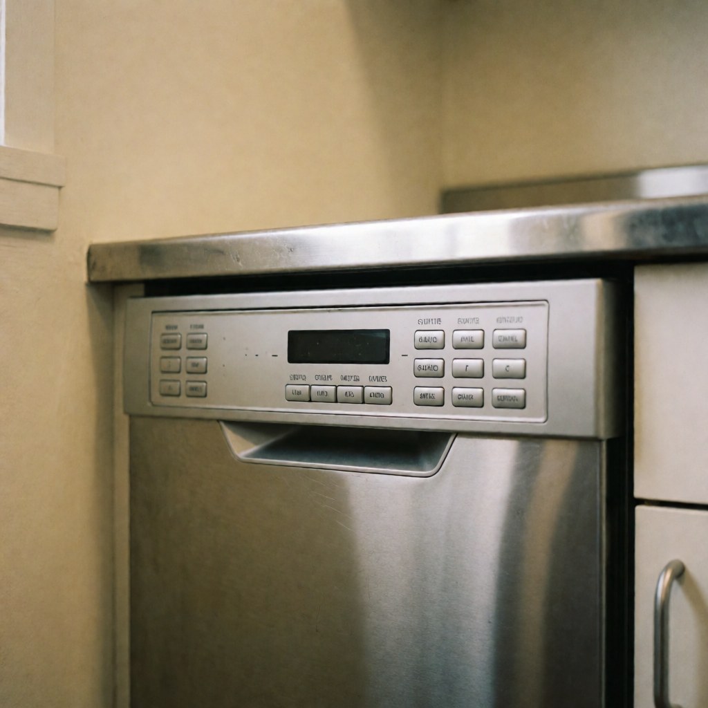 Close-up view of a commercial dishwasher control panel featuring digital display and buttons on polished stainless steel surface in a professional kitchen.