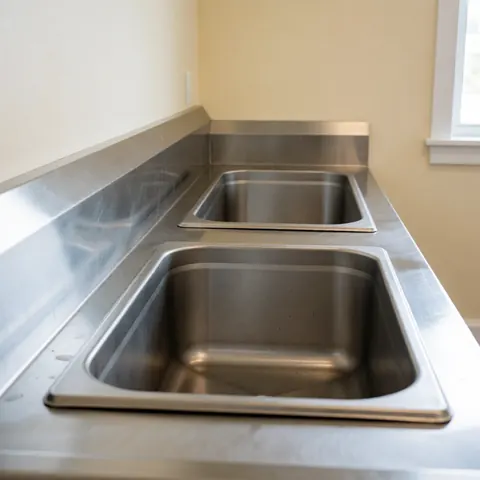 Professional fish washing station with stainless steel basins, beige walls, and natural light for commercial kitchens and seafood preparation