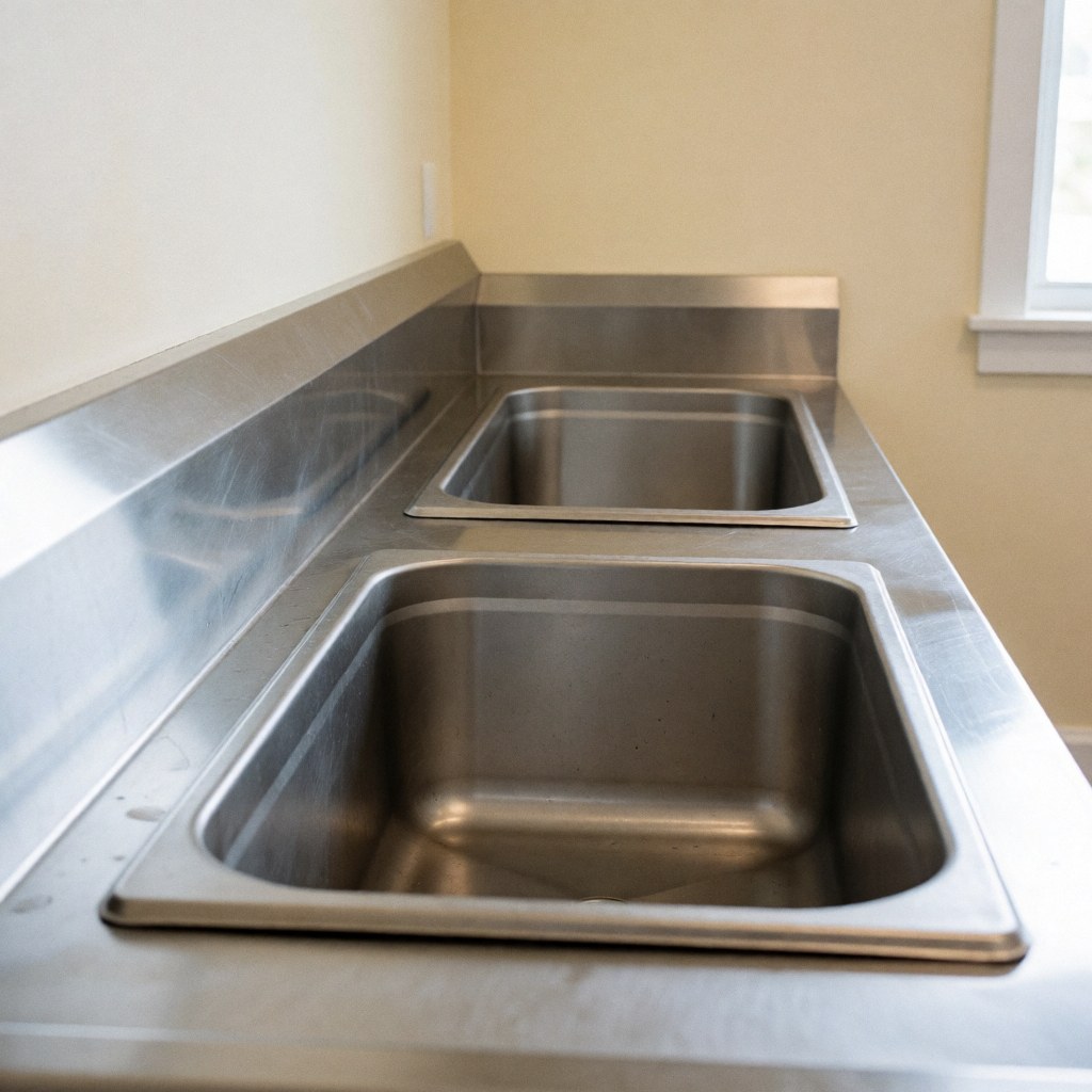 Professional fish washing station with stainless steel basins, beige walls, and natural light for commercial kitchens and seafood preparation