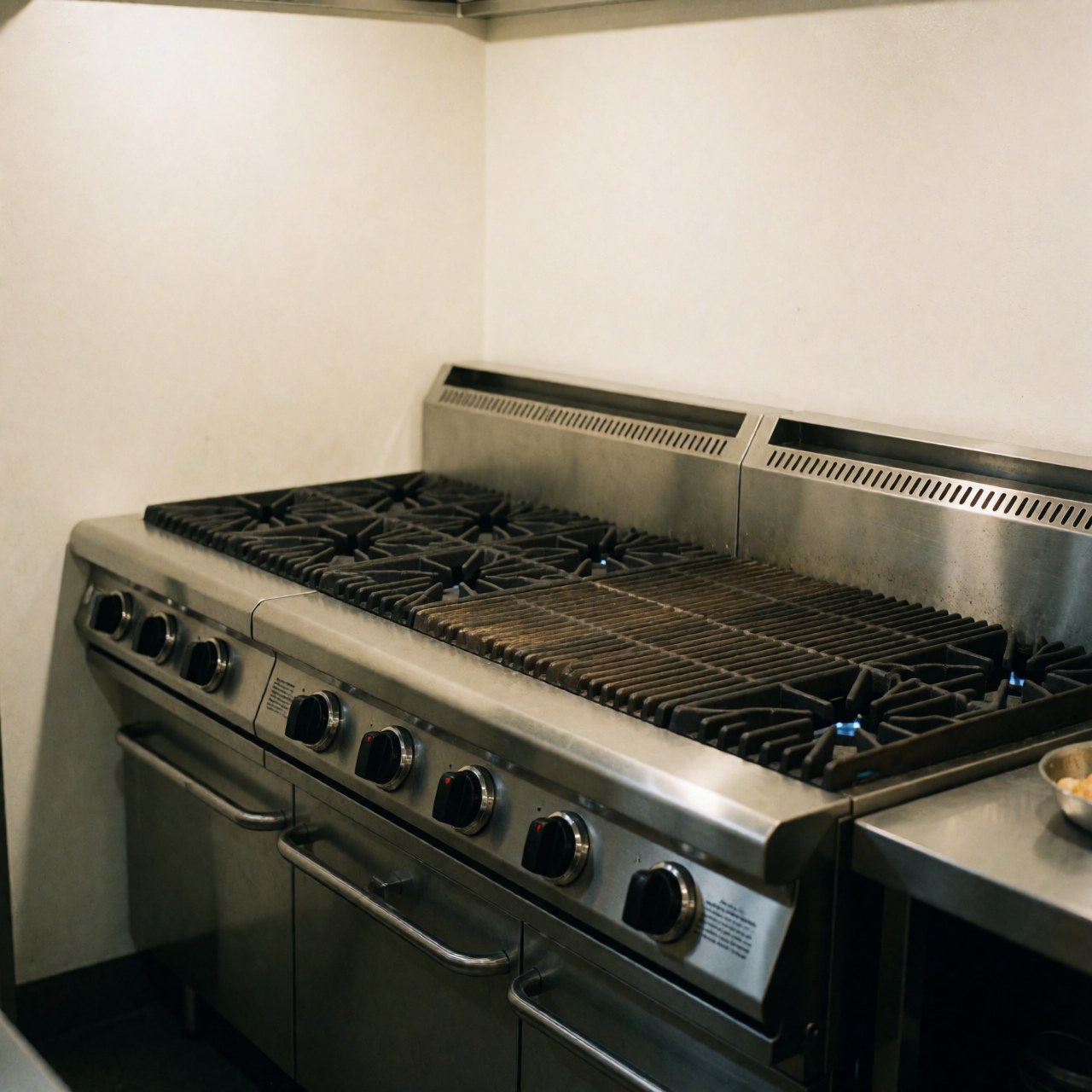 Close-up view of a stainless steel industrial gas grill installed in a professional commercial kitchen with white walls and bright lighting