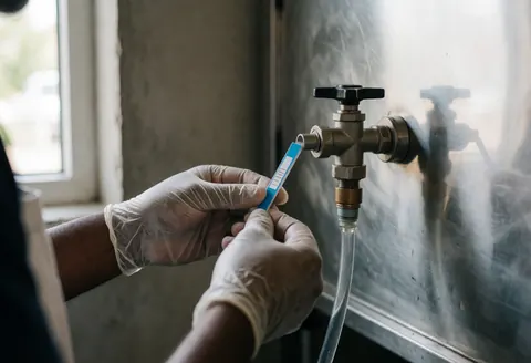 A professional wearing gloves collects a water sample from a metal valve in an industrial kitchen with concrete walls and natural light.