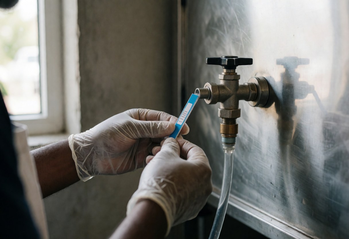 A professional wearing gloves collects a water sample from a metal valve in an industrial kitchen with concrete walls and natural light.