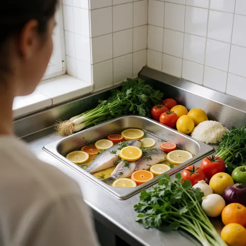 Fresh fish being prepared for ceviche in a stainless steel mixing bowl within a professional commercial kitchen setting