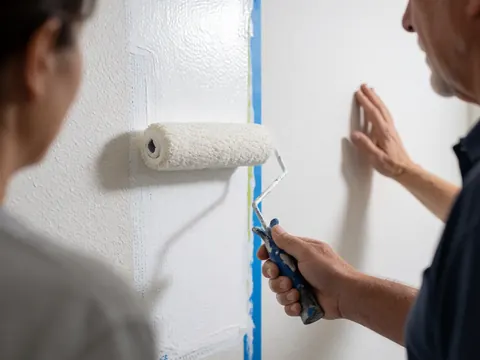 Two people use a white roller to paint a textured wall, using blue tape to define the area under bright light.