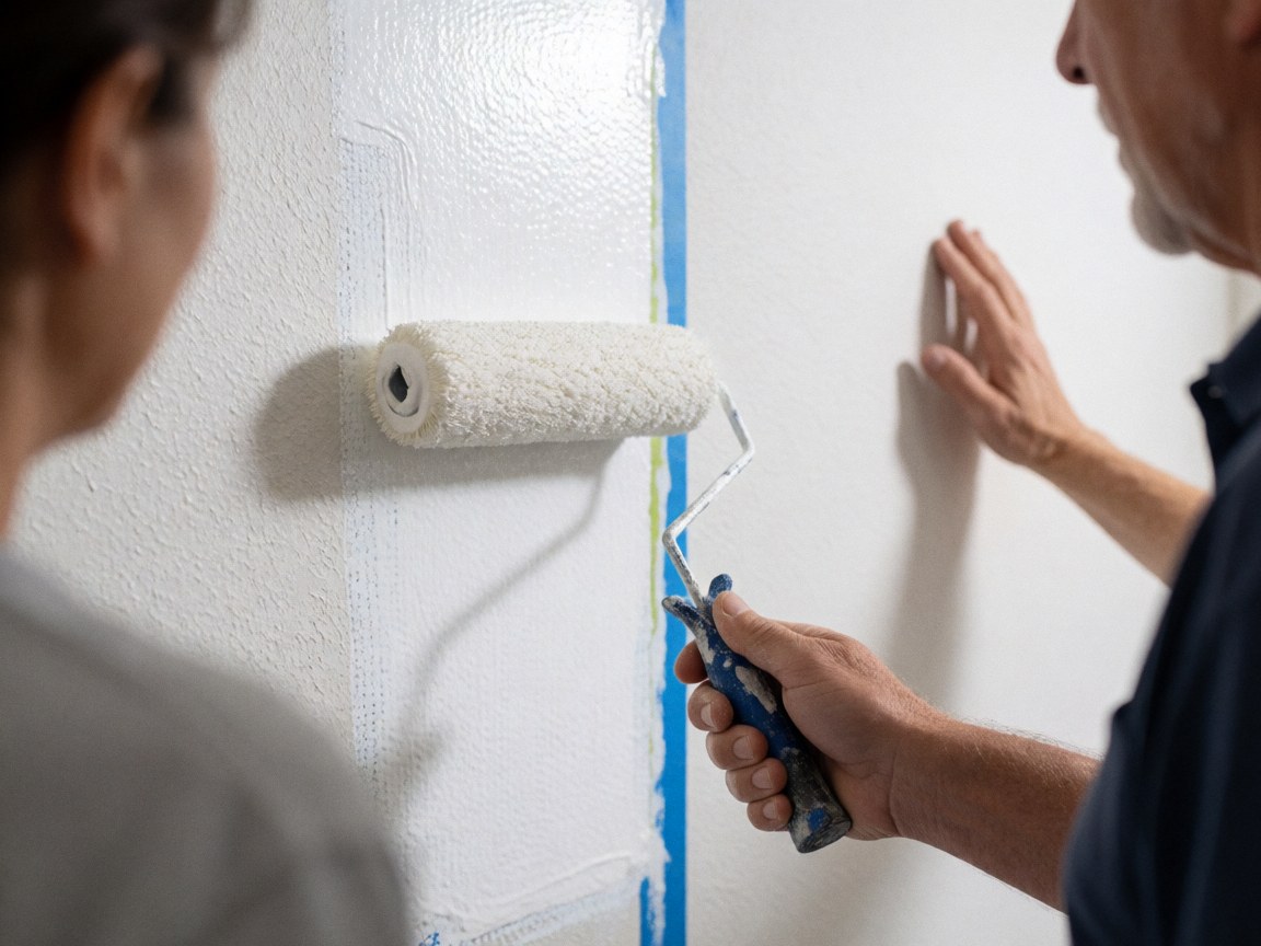 Two people use a white roller to paint a textured wall, using blue tape to define the area under bright light.