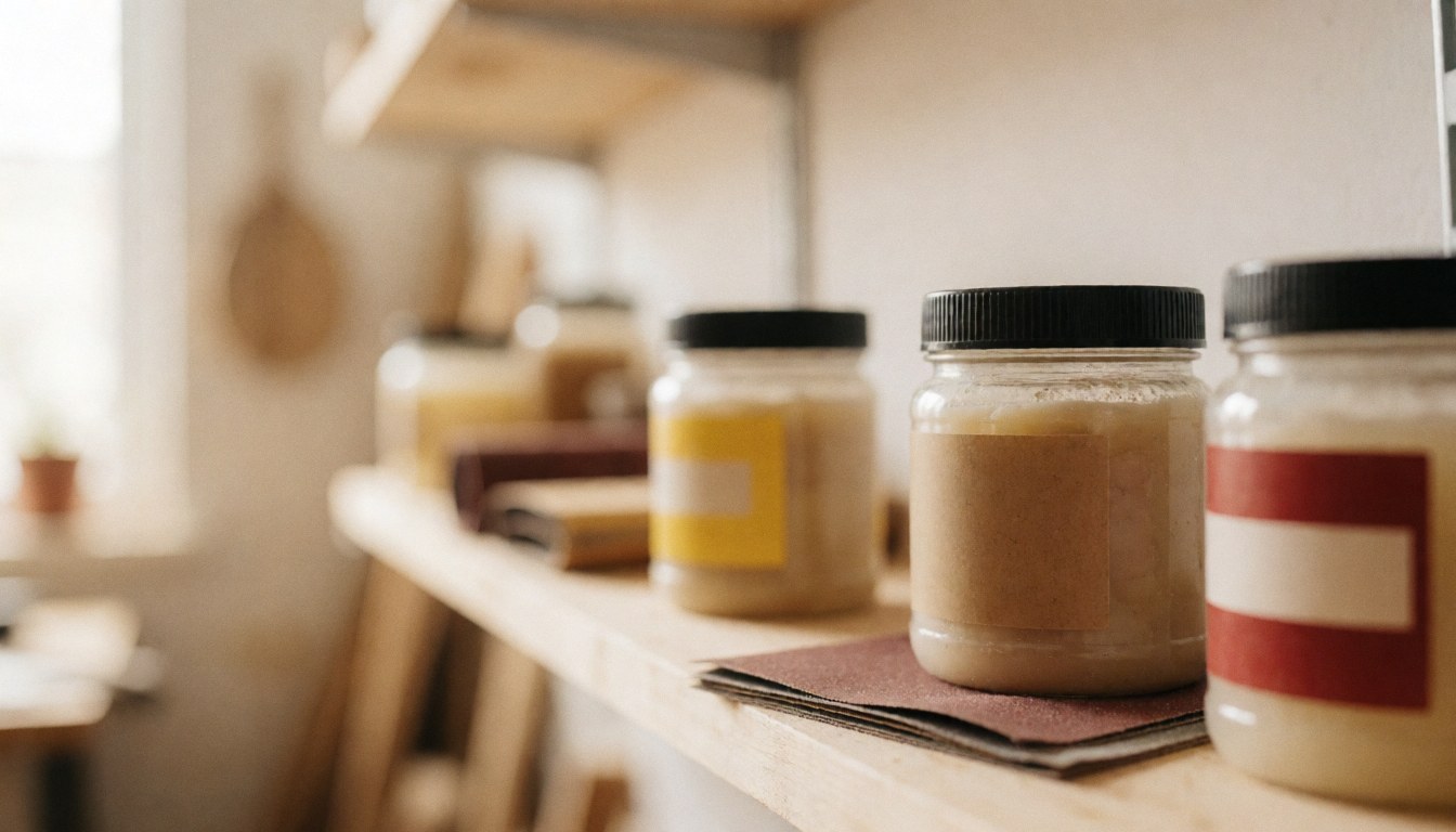A workshop background featuring jars, glue, sandpaper, wood, and tools for furniture restoration and home improvement projects