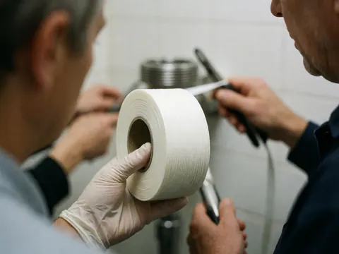 Close-up of two plumbers working together to apply white teflon tape to a metal pipe, with tools and hands in focus against a white tiled background.